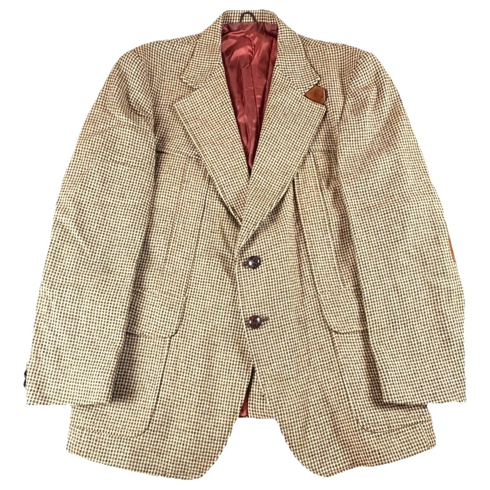 Vintage H.I.S Tweed Blazer Mens Medium Brown Elbow Patch Wool Jacket